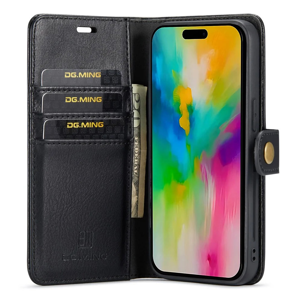 DG.MING for iPhone 16 Pro Case Detachable Split Leather Phone Cover - Black - 2