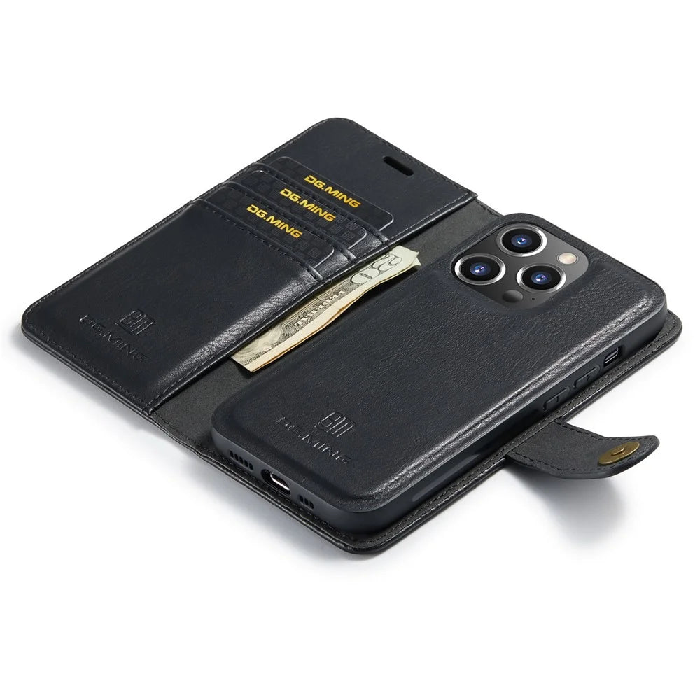 DG.MING for iPhone 16 Pro Case Detachable Split Leather Phone Cover - Black - 4
