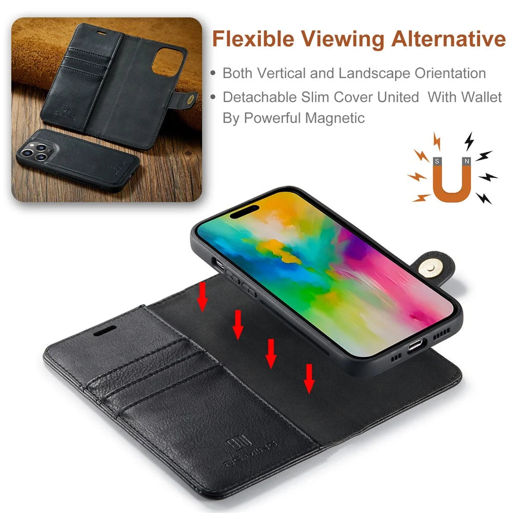 DG.MING for iPhone 16 Pro Case Detachable Split Leather Phone Cover - Black - 5