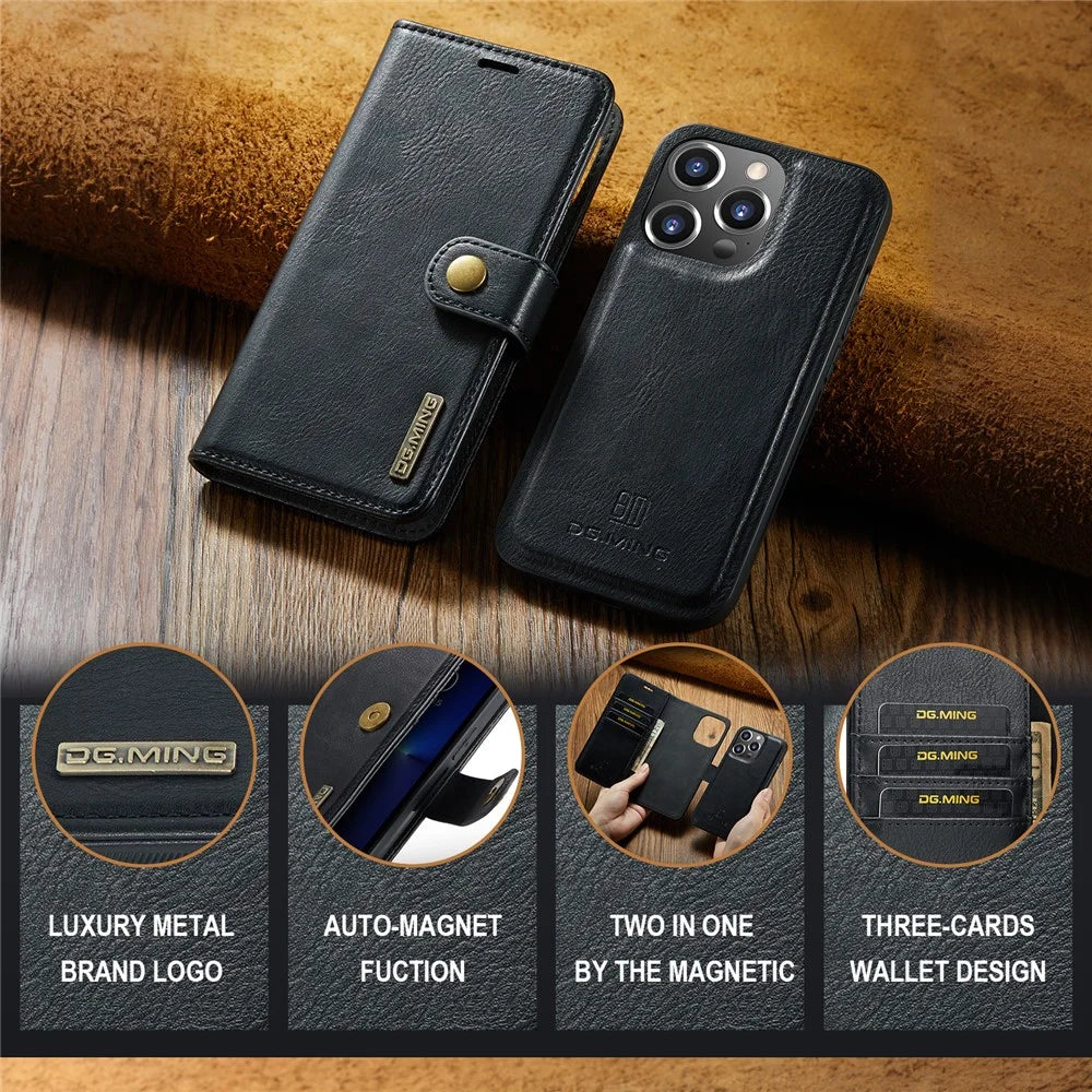 DG.MING for iPhone 16 Pro Case Detachable Split Leather Phone Cover - Black - 6