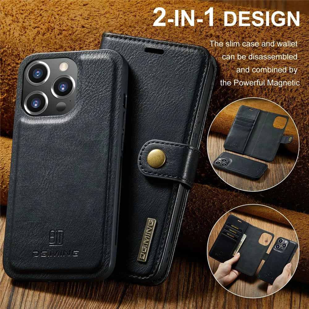 DG.MING for iPhone 16 Pro Case Detachable Split Leather Phone Cover - Black - 7
