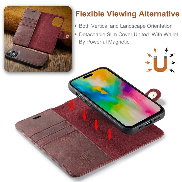 DG.MING for iPhone 16 Pro Max Case Detachable Split Leather Phone Cover - Red - 5