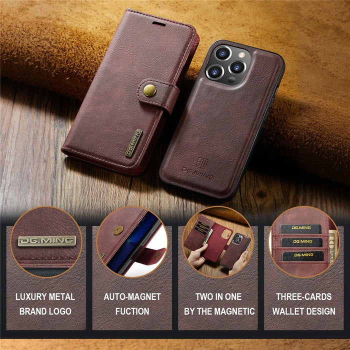 DG.MING for iPhone 16 Pro Max Case Detachable Split Leather Phone Cover - Red - 6