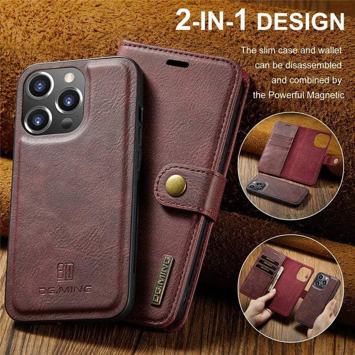 DG.MING for iPhone 16 Pro Max Case Detachable Split Leather Phone Cover - Red - 7