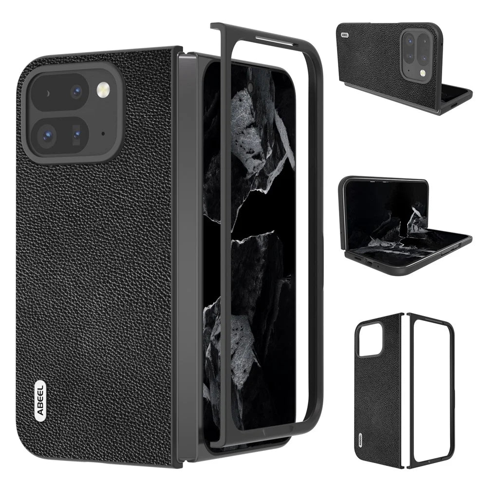 ABEEL For Google Pixel 9 Pro Fold 5G Phone Case Litchi Texture Genuine Cow Leather Hard PC Cover - Black - 1