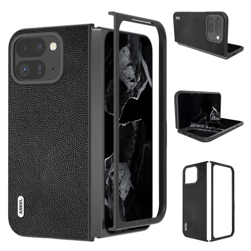 ABEEL For Google Pixel 9 Pro Fold 5G Phone Case Litchi Texture Genuine Cow Leather Hard PC Cover - Black - 1
