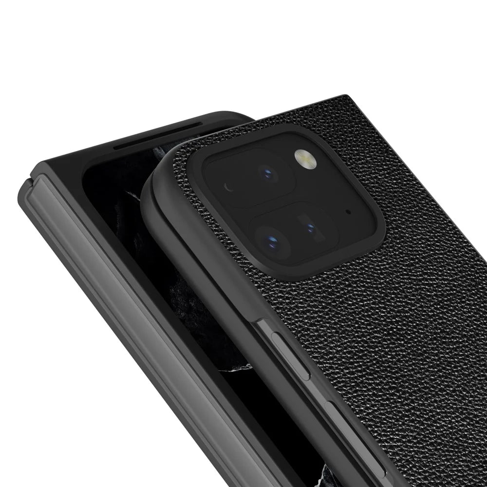 ABEEL For Google Pixel 9 Pro Fold 5G Phone Case Litchi Texture Genuine Cow Leather Hard PC Cover - Black - 3