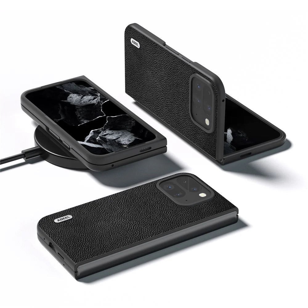 ABEEL For Google Pixel 9 Pro Fold 5G Phone Case Litchi Texture Genuine Cow Leather Hard PC Cover - Black - 4