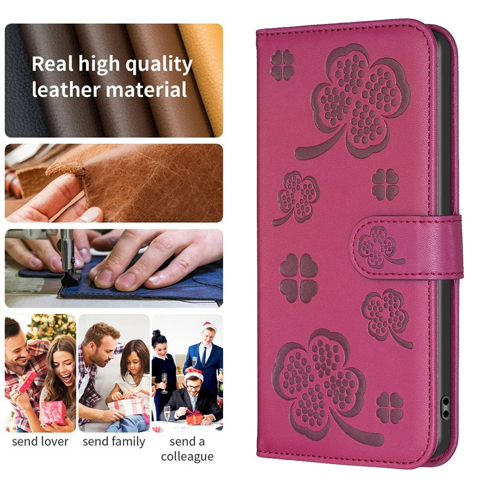 For Samsung Galaxy A16 5G / A16 4G Case Clover Pattern Wallet Stand View Leather Phone Cover - Rose - 6