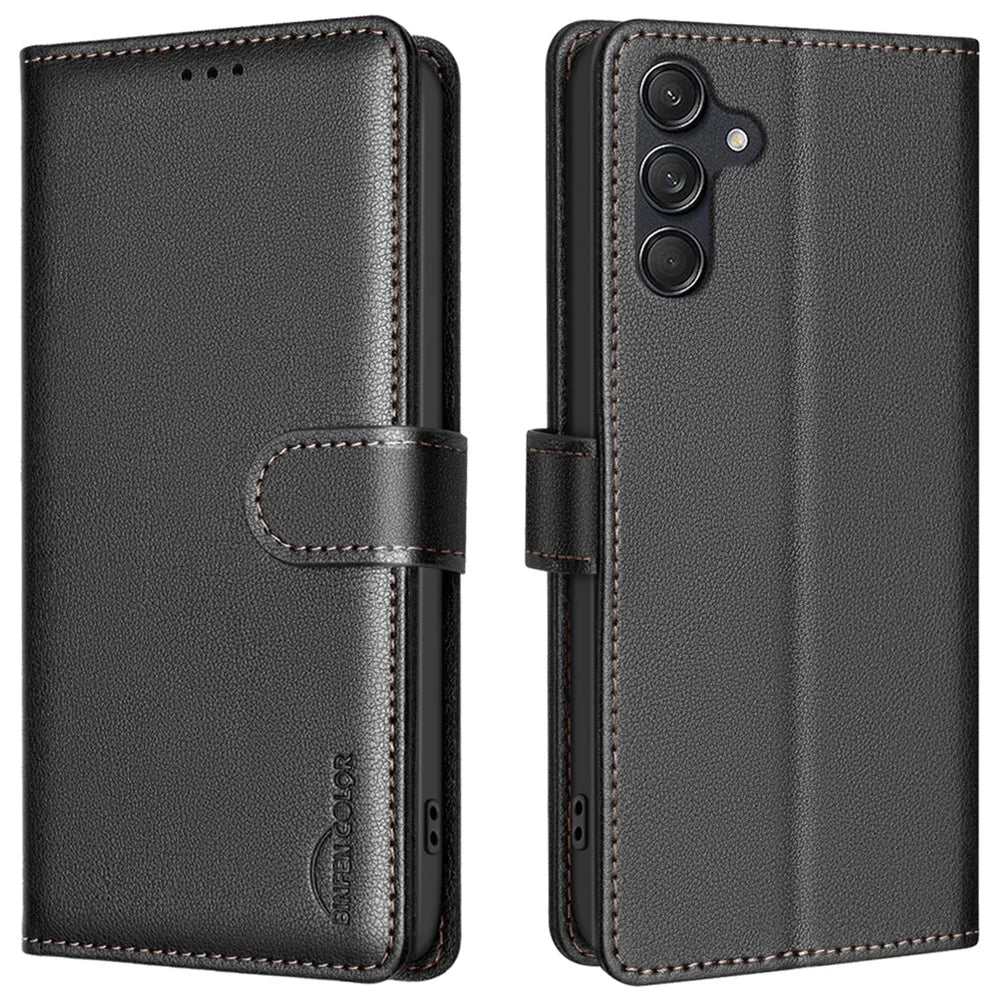 BINFEN COLOR BF32 For Samsung Galaxy A16 5G / A16 4G Leather Case Wallet RFID Blocking Phone Cover - Black - 1