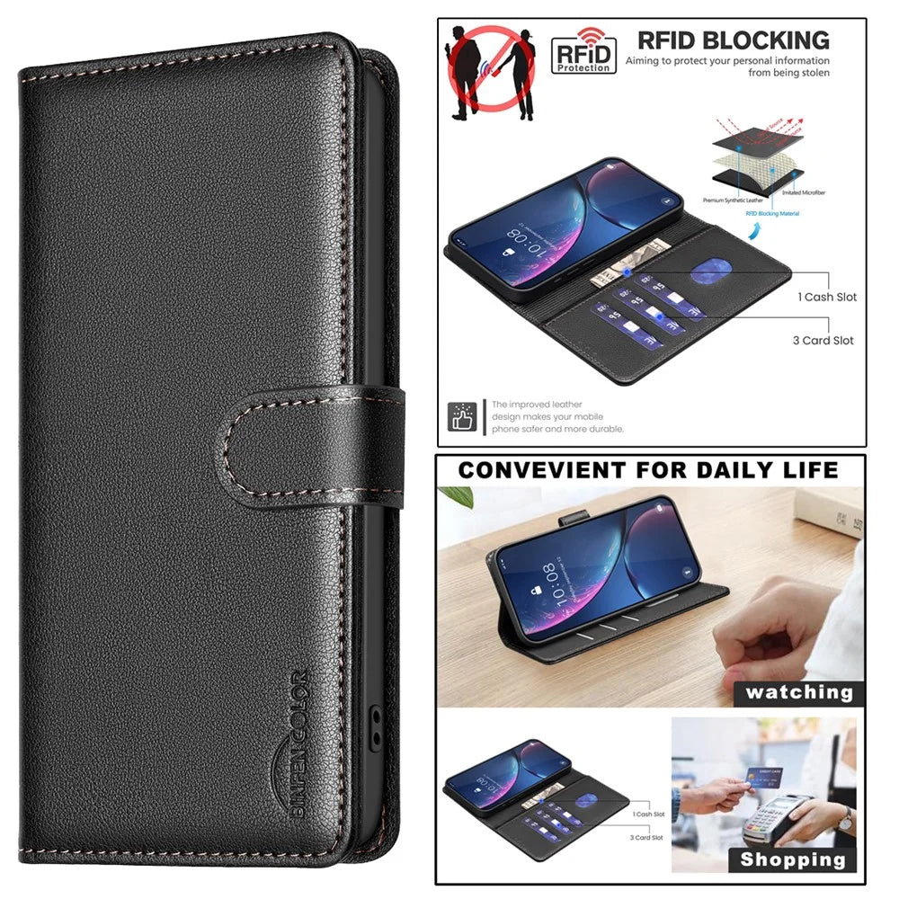 BINFEN COLOR BF32 For Samsung Galaxy A16 5G / A16 4G Leather Case Wallet RFID Blocking Phone Cover - Black - 4