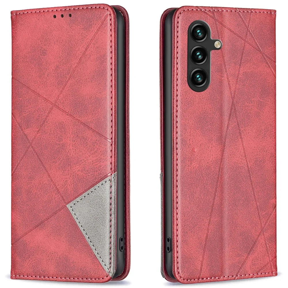 For Samsung Galaxy A16 5G / A16 4G Case Card Slots Geometry Imprint Leather Phone Cover - Red - 1