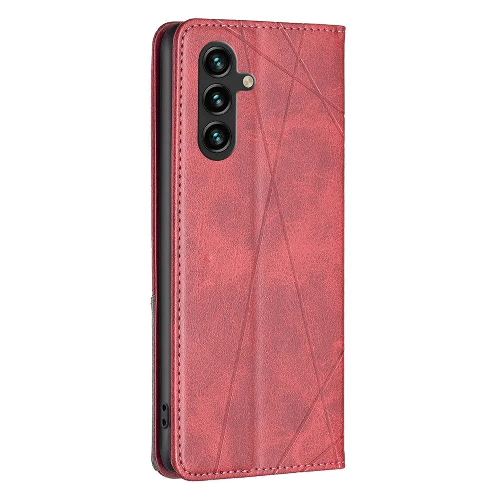 For Samsung Galaxy A16 5G / A16 4G Case Card Slots Geometry Imprint Leather Phone Cover - Red - 6