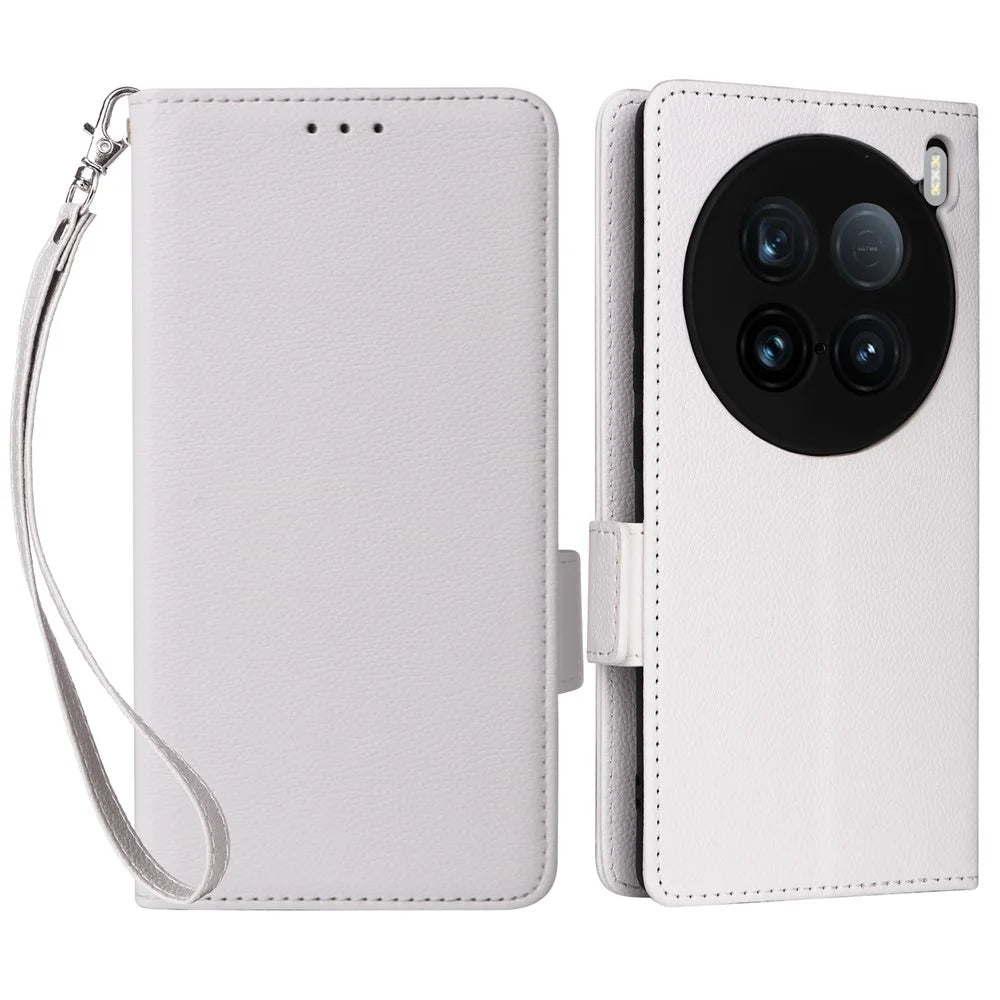 For vivo X100 Ultra 5G Case with Wrist Strap Litchi Texture PU Leather Wallet Phone Cover - White - 1