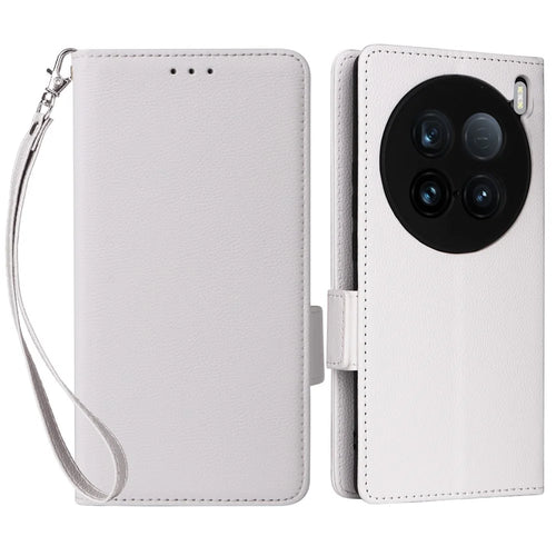 For vivo X100 Ultra 5G Case with Wrist Strap Litchi Texture PU Leather Wallet Phone Cover - White - 1