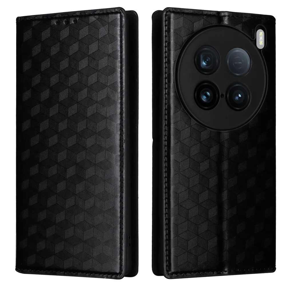 For vivo X100 Ultra 5G Case Rhombus Imprinted Wallet Stand PU Leather Phone Cover - Black - 1