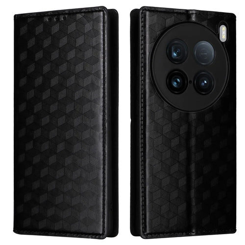 For vivo X100 Ultra 5G Case Rhombus Imprinted Wallet Stand PU Leather Phone Cover - Black - 1