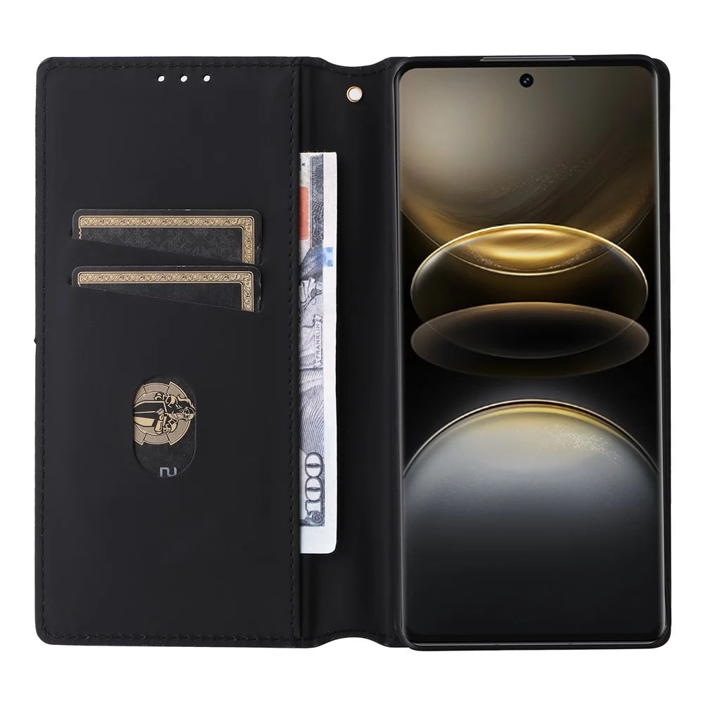 For vivo X100 Ultra 5G Case Rhombus Imprinted Wallet Stand PU Leather Phone Cover - Black - 2