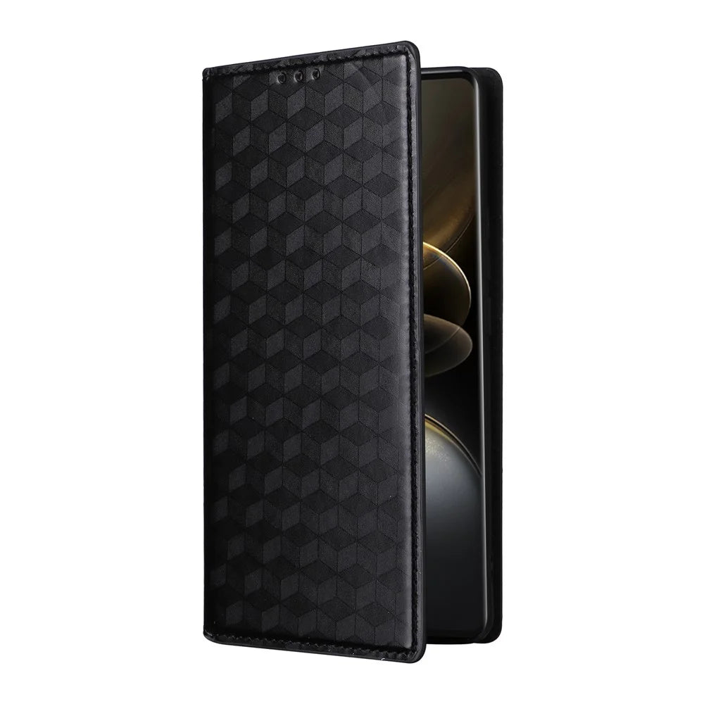 For vivo X100 Ultra 5G Case Rhombus Imprinted Wallet Stand PU Leather Phone Cover - Black - 5