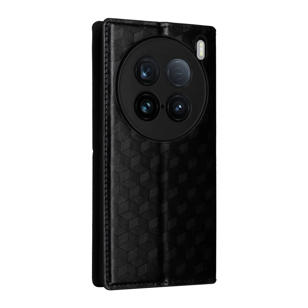 For vivo X100 Ultra 5G Case Rhombus Imprinted Wallet Stand PU Leather Phone Cover - Black - 6