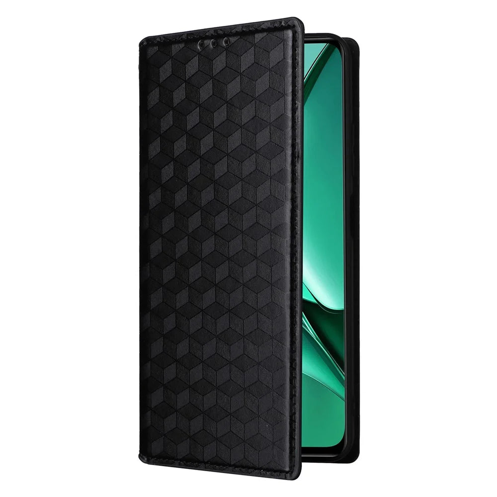 For Realme V60 5G / V60s 5G PU Leather Case Rhombus Imprinted Wallet Stand Phone Cover - Black - 5