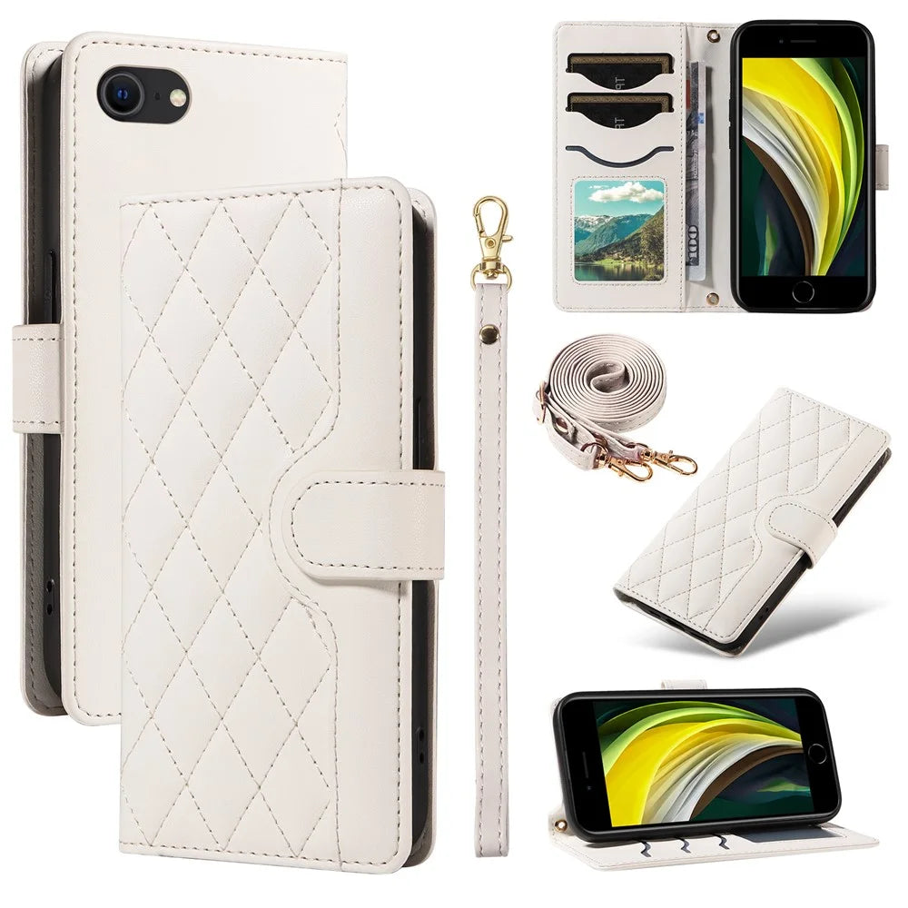 For iPhone SE (2022) / SE (2020) / iPhone 8 / 7 / 6s / 6 Case Rhombus Pattern Leather Phone Cover with Straps - White - 1