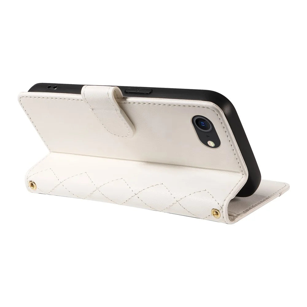 For iPhone SE (2022) / SE (2020) / iPhone 8 / 7 / 6s / 6 Case Rhombus Pattern Leather Phone Cover with Straps - White - 4