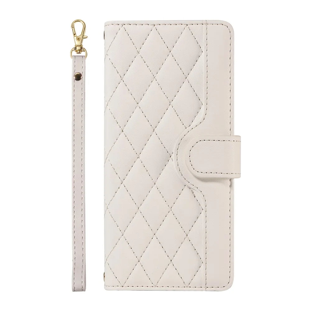 For iPhone SE (2022) / SE (2020) / iPhone 8 / 7 / 6s / 6 Case Rhombus Pattern Leather Phone Cover with Straps - White - 6