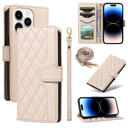 For iPhone 14 Pro Crossbody Case Rhombus Leather Stand Flip Protective Cover - Apricot - 1
