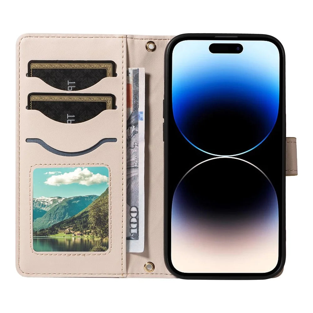 For iPhone 14 Pro Crossbody Case Rhombus Leather Stand Flip Protective Cover - Apricot - 2