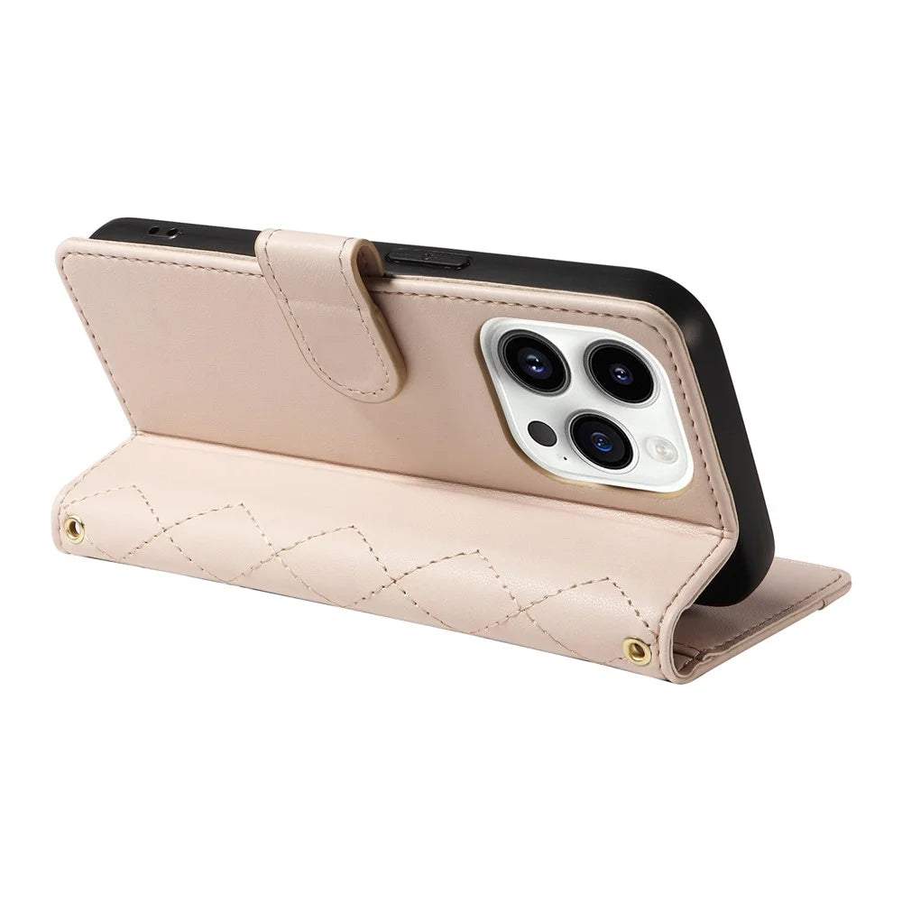 For iPhone 14 Pro Crossbody Case Rhombus Leather Stand Flip Protective Cover - Apricot - 4