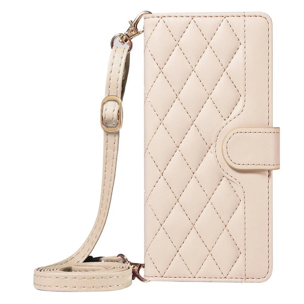 For iPhone 14 Pro Crossbody Case Rhombus Leather Stand Flip Protective Cover - Apricot - 5