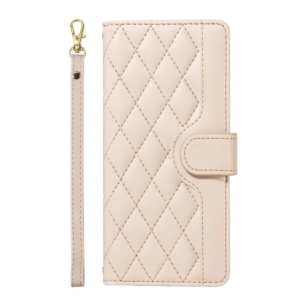 For iPhone 14 Pro Crossbody Case Rhombus Leather Stand Flip Protective Cover - Apricot - 6