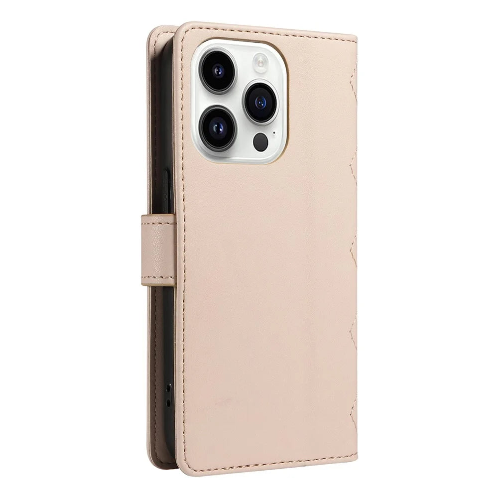 For iPhone 14 Pro Crossbody Case Rhombus Leather Stand Flip Protective Cover - Apricot - 7