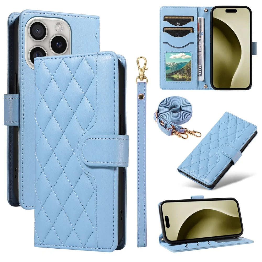 For iPhone 16 Pro Crossbody Case Rhombus Flip Leather Handbag Phone Cover - Blue - 1