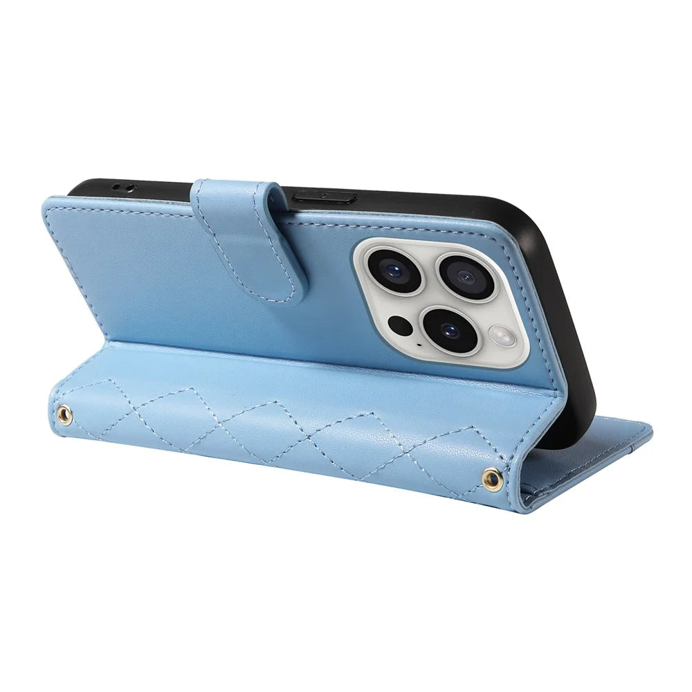 For iPhone 16 Pro Crossbody Case Rhombus Flip Leather Handbag Phone Cover - Blue - 4