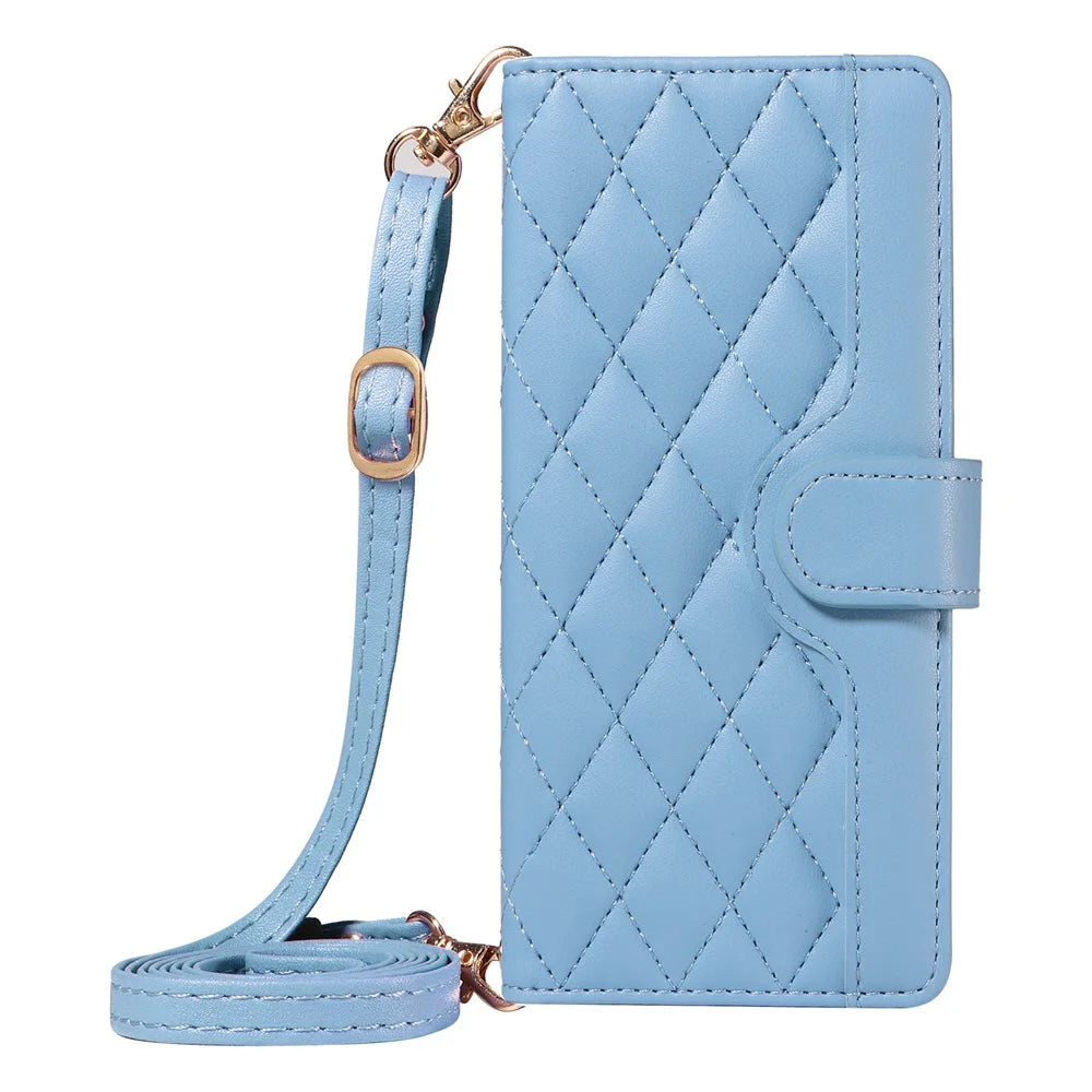 For iPhone 16 Pro Crossbody Case Rhombus Flip Leather Handbag Phone Cover - Blue - 5