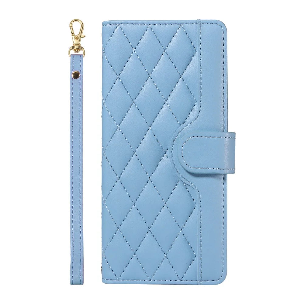 For iPhone 16 Pro Crossbody Case Rhombus Flip Leather Handbag Phone Cover - Blue - 6