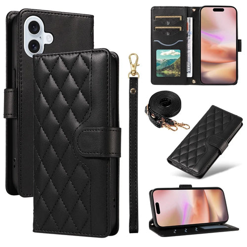 For iPhone 16 Case Wallet Quilted Leather Phone Cover with Shoulder Strap, Wrist Strap - Black - 1
