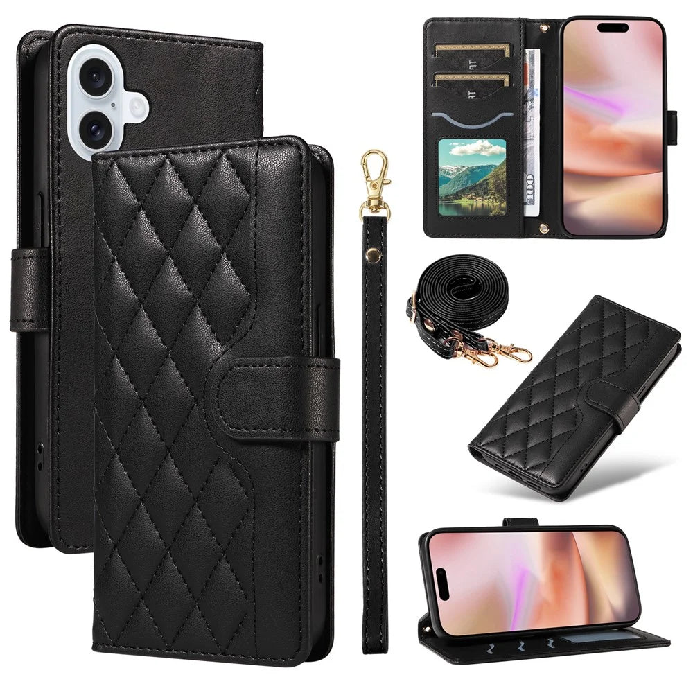 For iPhone 16 Case Wallet Quilted Leather Phone Cover with Shoulder Strap, Wrist Strap - Black - 1