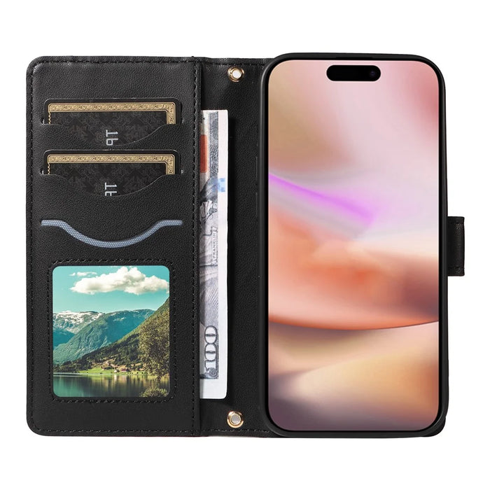 For iPhone 16 Case Wallet Quilted Leather Phone Cover with Shoulder Strap, Wrist Strap - Black - 2