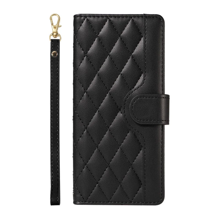 For iPhone 16 Case Wallet Quilted Leather Phone Cover with Shoulder Strap, Wrist Strap - Black - 6