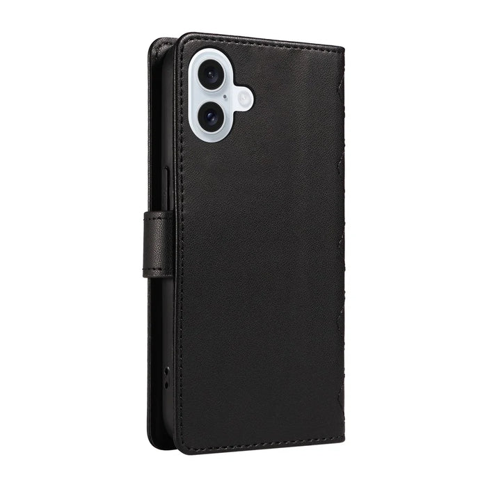 For iPhone 16 Case Wallet Quilted Leather Phone Cover with Shoulder Strap, Wrist Strap - Black - 7