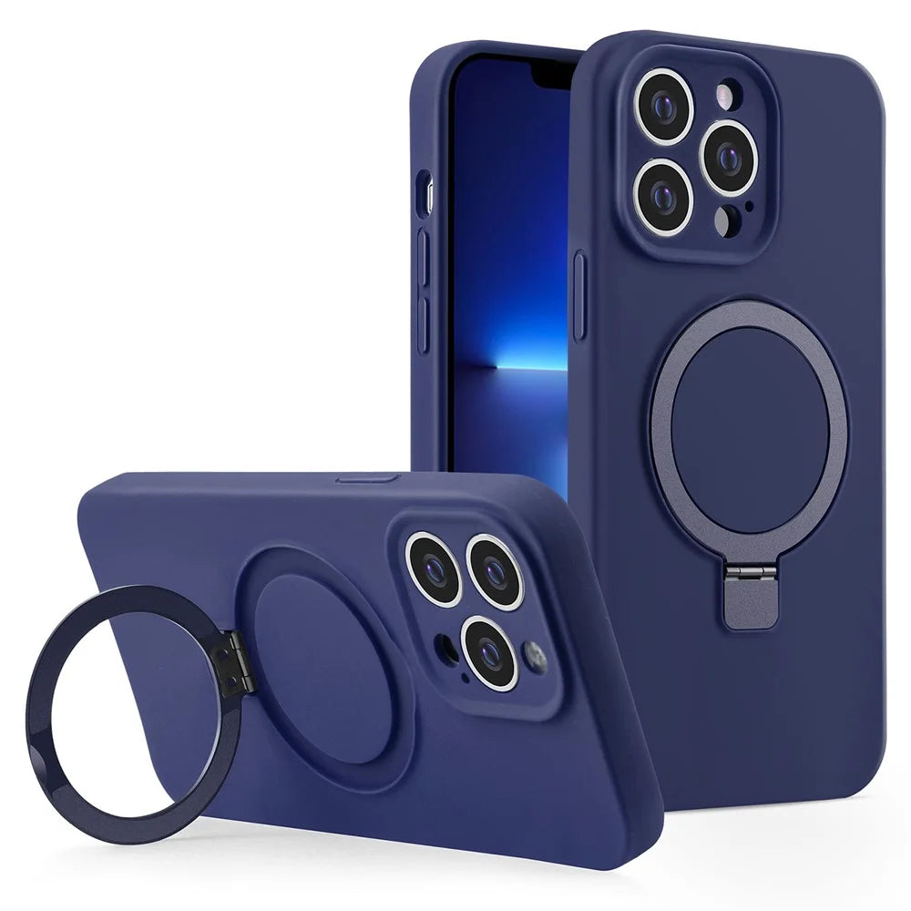 For iPhone 13 Pro Case Compatible with MagSafe Liquid Silicone Ring Kickstand Phone Cover - Midnight Blue - 1