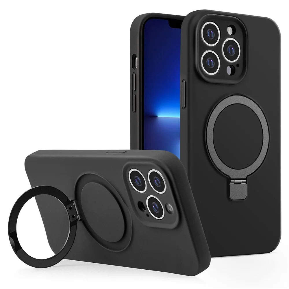 For iPhone 13 Pro Max Case Magnetic Kickstand Flexible Liquid Silicone Phone Cover - Black - 1