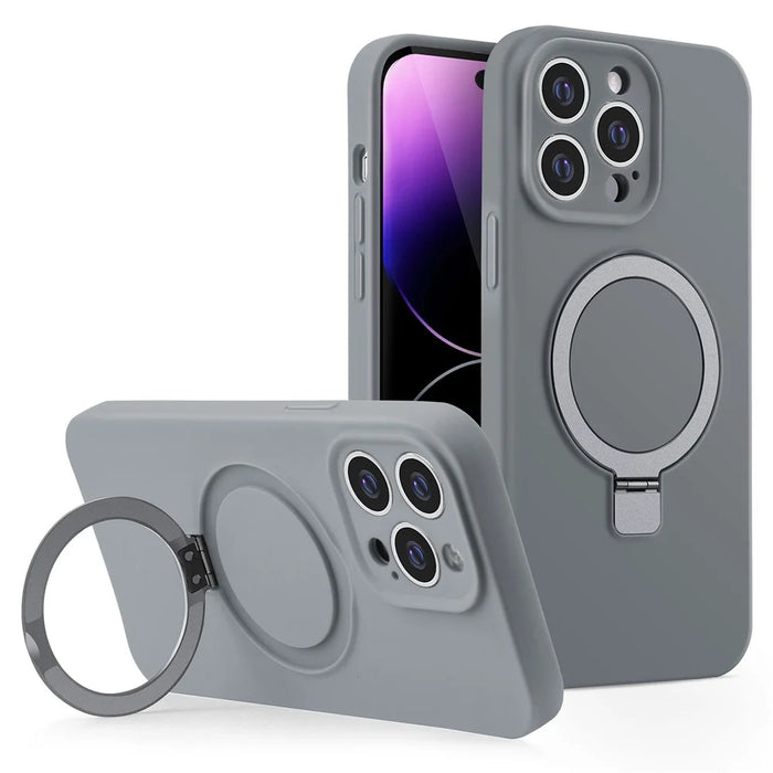 For iPhone 14 Pro Max Magnetic Case Invisible Kickstand Liquid Silicone Phone Cover Camera Protection - Grey - 1