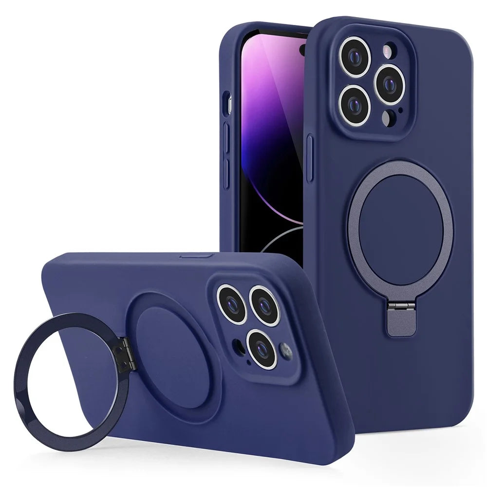 For iPhone 15 Pro Max Magnetic Case Liquid Silicone Phone Cover Ring Magnetic Kickstand - Midnight Blue - 1