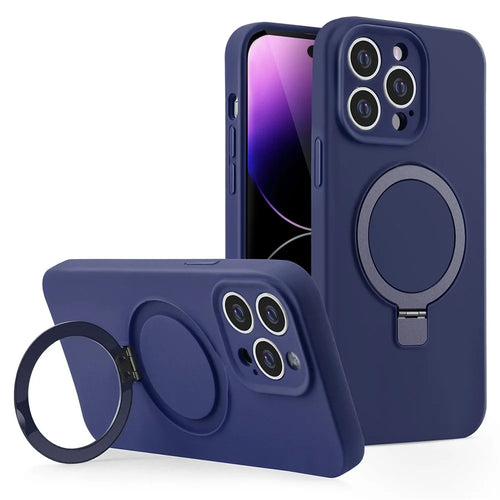 For iPhone 15 Pro Max Magnetic Case Liquid Silicone Phone Cover Ring Magnetic Kickstand - Midnight Blue - 1