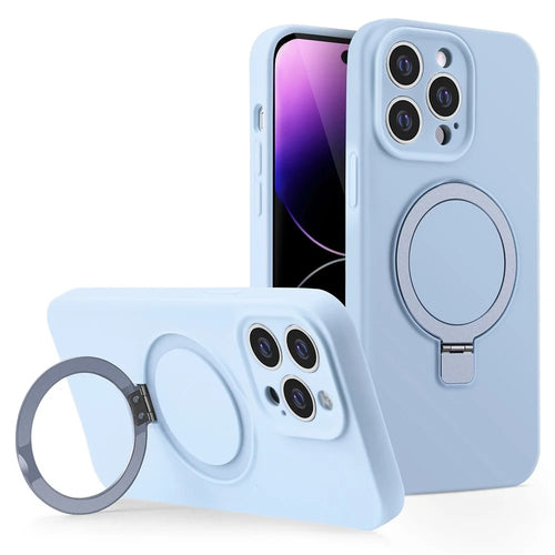 For iPhone 15 Pro Magnetic Case Liquid Silicone Phone Cover Built-In Kickstand Ring Holder - Sky Blue - 1