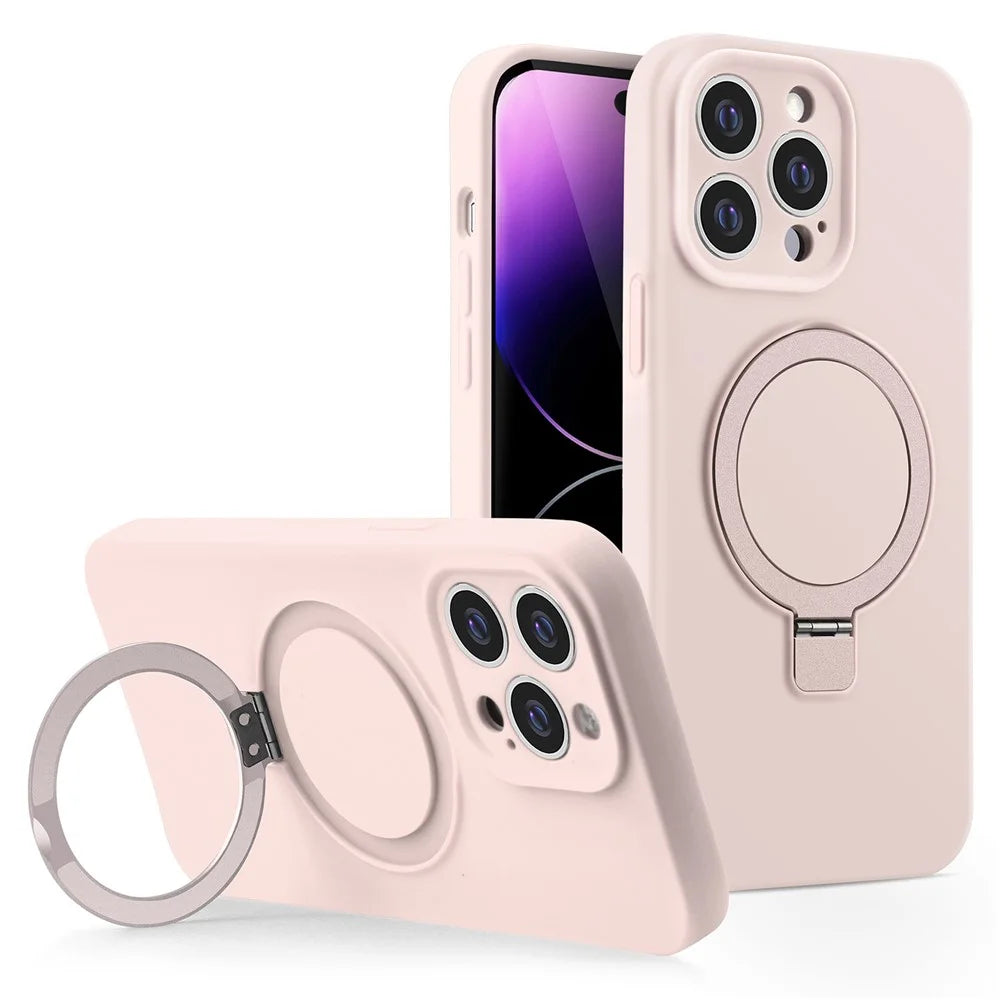For iPhone 14 Pro Liquid Silicone Case Compatible with MagSafe Kickstand Phone Cover - Pink - 1
